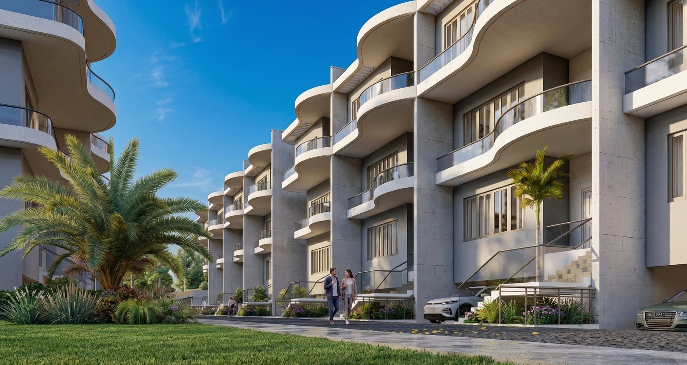Terraced residences — street elevation, curved balconies at eye level
